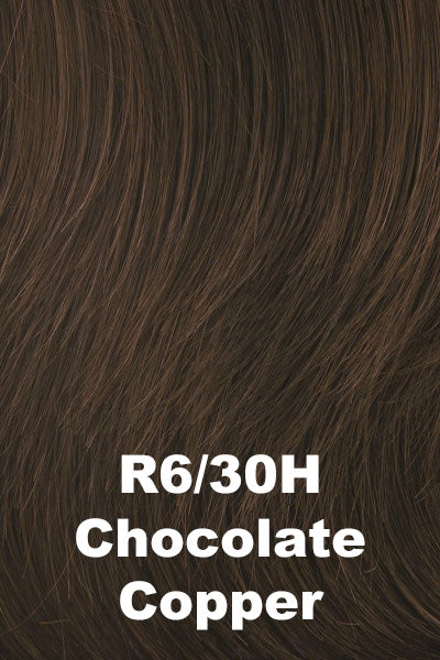 Color Chocolate Copper (R6/30H) for Raquel Welch wig Ahead Of The Curve.  Rich dark chocolate brown with medium auburn highlights.