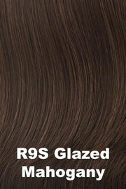 Color Glazed Mahogany (R9S) for Raquel Welch wig Cinch.  Dark brown base with a reddish brown undertone and golden brown highlights.