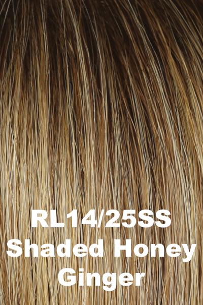 Color Shaded Honey Ginger (RL14/25SS) for Raquel Welch wig Pretty Please!.  Medium brown roots gradually blending into a dark blonde base with golden blonde and honey blonde highlights.