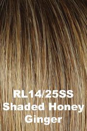 Color Shaded Honey Ginger (RL14/25SS) for Raquel Welch wig Simmer.  Medium brown roots gradually blending into a dark blonde base with golden blonde and honey blonde highlights.