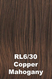 Color Copper Mahogany (RL6/30) for Raquel Welch wig Simmer.  Medium chestnut brown base blended with medium reddish brown highlights.