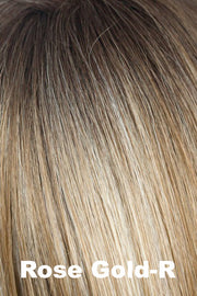 Color Rose Gold-R for Amore wig Sybil (#2583). Dark to medium golden brown root blending into a rose gold blonde base.