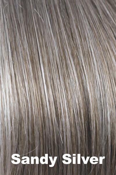 Color Sandy Silver for Rene of Paris wig Joey #2325. Medium warm brown base with silver white highlights gradually darkening near the nape.
