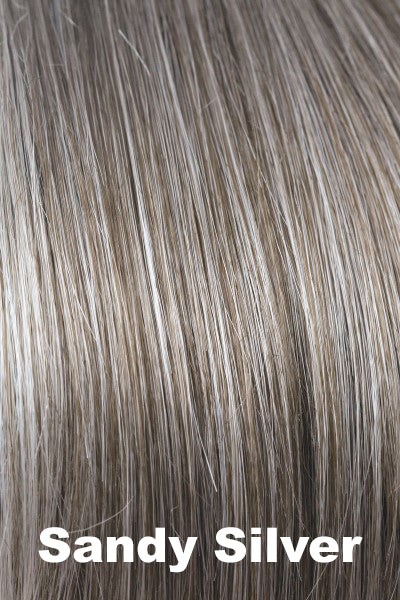 Color Sandy Silver for Rene of Paris wig Nell (#2408). Medium warm brown base with silver white highlights gradually darkening near the nape.