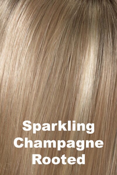 Color Swatch Sparkling Champagne for Envy wig Kate.  Golden blonde base with champagne and pale blonde highlights and a chestnut brown rooting.