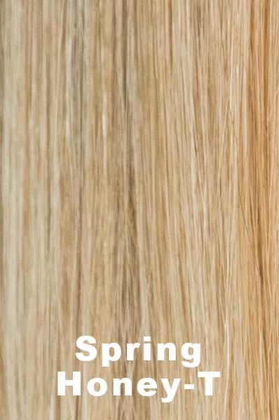 Color Spring Honey-T for Noriko wig Zane #1717. Medium golden brown base with wheat blonde and strawberry blonde highlights with lighter blonde tips.