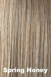 Color Spring Honey for Noriko wig Drew #1631. Medium golden brown base with wheat blonde and strawberry blonde highlights.