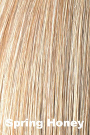 Color Spring Honey for Amore wig Sadie #2558. Medium golden brown base with wheat blonde and strawberry blonde highlights.