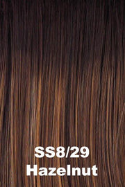 Color SS Hazelnut (SS8/29) for Raquel Welch wig Winner Petite.  Dark rooting blended into a warm brown base with honey and light copper blonde highlights.