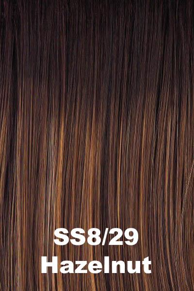 Color Hazelnut (SS8/29) for Raquel Welch wig Tress.  Dark rooting blended into a warm brown base with honey and light copper blonde highlights.
