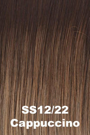 Color Shaded Cappuccino (SS12/22) for Raquel Welch wig Calling All Compliments Remy Human Hair.  Dark brown rooted medium brown with cool ashy toned platinum blonde highlights.