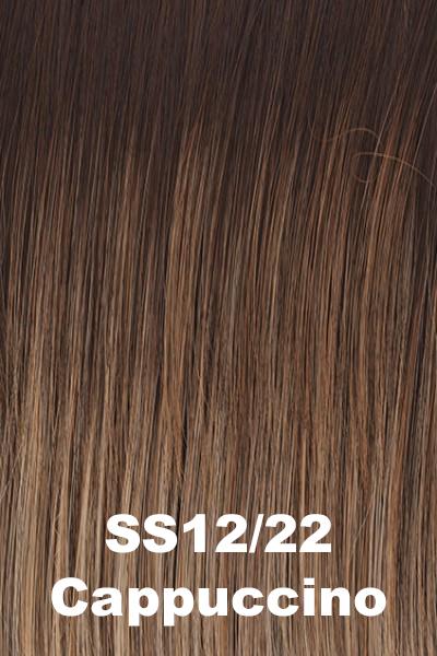 Color Shaded Cappuccino (SS12/22) for Raquel Welch wig Provocateur Remy Human Hair.  Dark brown rooted medium brown with cool ashy toned platinum blonde highlights.