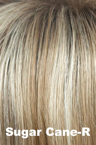 Color Sugar Cane-R for Amore wig Emy #2576. Dark brown roots with a medium blonde base and caramel and dusty blonde lowlights and highlights.