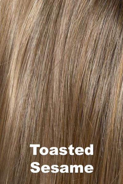 Color Swatch Toasted Sesame for Envy wig Tiffany.  Light brown base with wheat blonde and dark blonde highlights and a chestnut brown rooting.