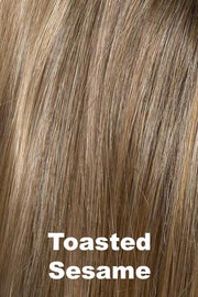 Color Swatch Toasted Sesame for Envy wig Naomi.  Light brown base with wheat blonde and dark blonde highlights and a chestnut brown rooting.