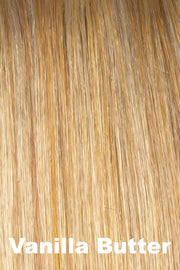Color Swatch Vanilla Butter for Envy wig Sheena.  Golden blonde base with pale blonde and honey blonde highlights.