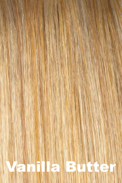 Color Swatch Vanilla butter for Envy wig Marita.  Golden blonde base with pale blonde and honey blonde highlights.