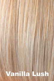 Color Vanilla Lush for Rene of Paris wig Coco #2318. Pale blonde and vanilla blonde base with an apricot hue and lighter ends.