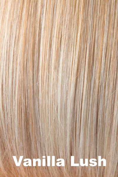 Color Vanilla Lush for Rene of Paris wig Lizzy #2347. Pale blonde and vanilla blonde base with an apricot hue and lighter ends.
