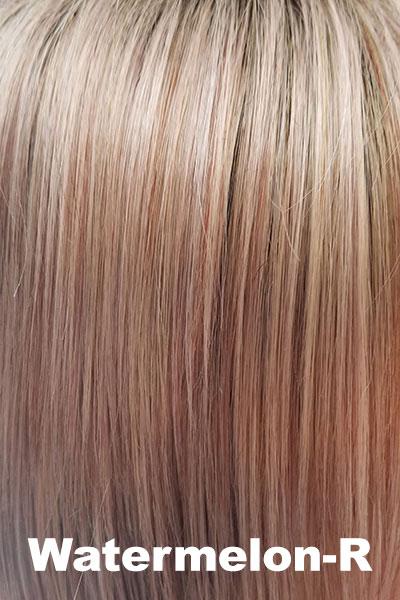 Color Watermelon-R for Rene of Paris wig Nolan (#2399). Soft dark brown root pastel pink with a soft reddish tone.